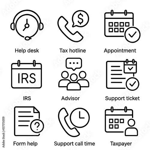 Tax Support Icons. Outline style icons of Tax Support and Assistance: help desk clock, tax hotline icon, appointment schedule, IRS
