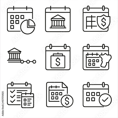 Tax Year Icons. Outline style icons of Government Tax Year View: fiscal year breakdown, national tax board calendar, government