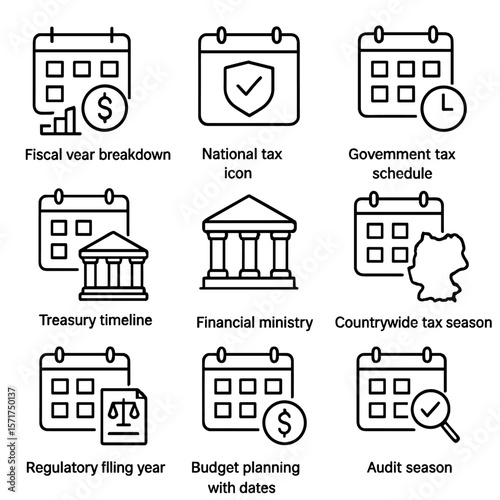 Tax Year Icons. Outline style icons of Government Tax Year View: fiscal year breakdown, national tax board calendar, government