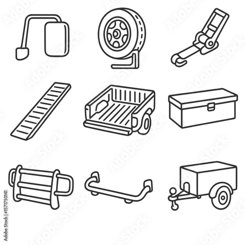 Truck Accessories Icons. Outline style icons of Truck Accessories: side mirror, spare tire mount, cargo strap, loading ramp, truck
