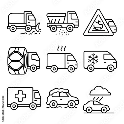 Winter Truck Icons. Outline style icons of Winter Trucks: snow plow in action, salt spreading truck, icy road warning with truck,