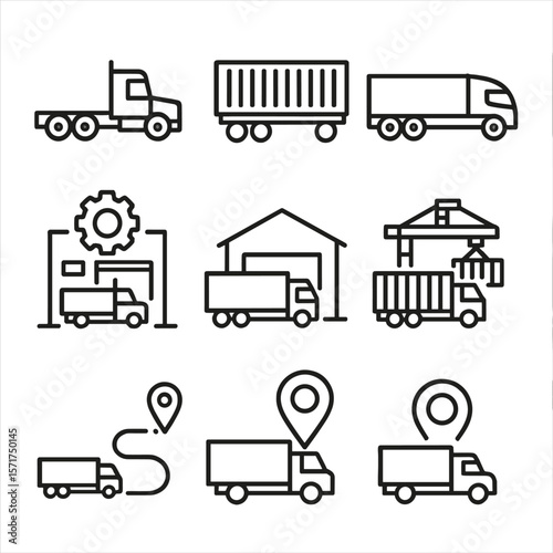 Logistics Truck Icons. Outline style icons of Logistics and Freight Trucks: semi-truck, long-haul container truck, cross-country