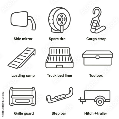 Truck Accessories Icons. Outline style icons of Truck Accessories: side mirror, spare tire mount, cargo strap, loading ramp, truck
