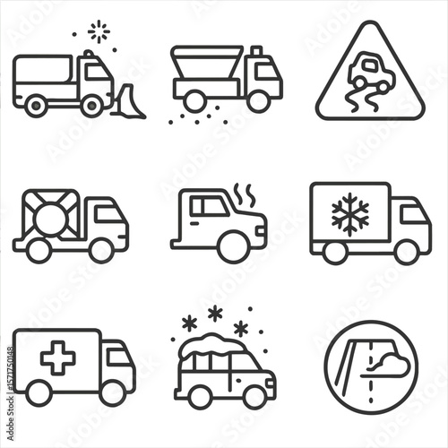 Winter Truck Icons. Outline style icons of Winter Trucks: snow plow in action, salt spreading truck, icy road warning with truck,