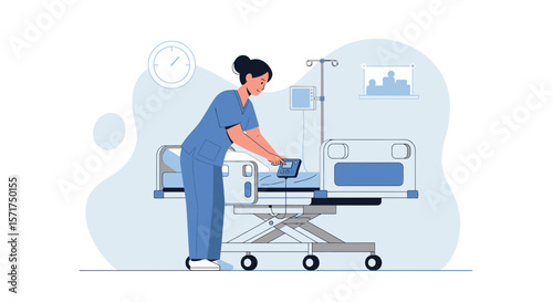 Attentive Nurse Adjusting Patient Bed Controls In A Hospital Room Illustration