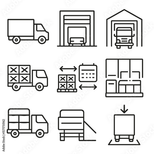 Logistics Icons Collection. Outline style icons of Truck Parking and Logistics: truck at depot, loading dock, truck inside