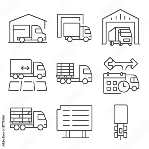 Logistics Icons Collection. Outline style icons of Truck Parking and Logistics: truck at depot, loading dock, truck inside