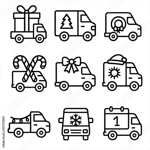 Holiday Truck Icons. Outline style icons of Holiday-Themed Trucks: gift truck, festive delivery van, holiday wreath on grill,