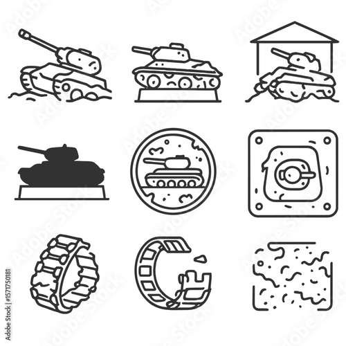 Outline Tank Icons. Outline style icons of Historical Tank Remnants: WWII tank wreck, armored relic on pedestal, museum tank ruins