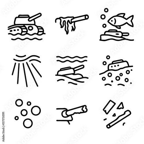Sunken Tank Icons. Outline style icons of Sunken Tank Remains: submerged turret in water, algae growth on cannon, fish near wreck,