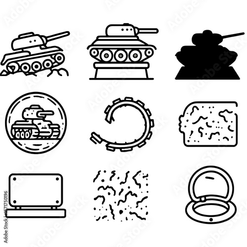 Outline Tank Icons. Outline style icons of Historical Tank Remnants: WWII tank wreck, armored relic on pedestal, museum tank ruins