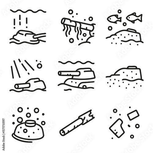 Sunken Tank Icons. Outline style icons of Sunken Tank Remains: submerged turret in water, algae growth on cannon, fish near wreck,