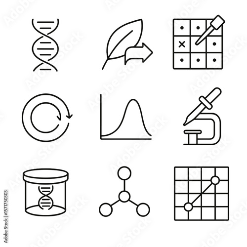 Icons of Evolution. Outline style icons of Synthetic Evolution: directed evolution spiral, adaptive trait icon, mutagenesis grid,