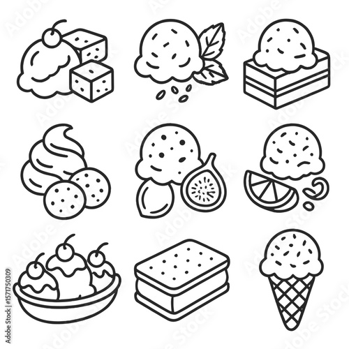 Ice Cream Pairings Icons. Outline style icons of Ice Cream Pairings: vanilla ice cream with brownies, mint ice cream and chocolate