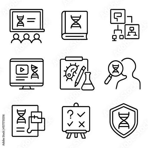 Education in Synthetic Biology. Outline style icons of Education in Synthetic Biology: classroom with DNA chart, textbook and