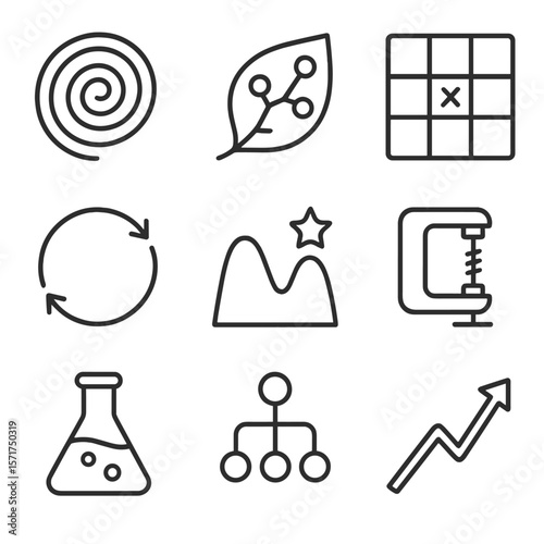 Icons of Evolution. Outline style icons of Synthetic Evolution: directed evolution spiral, adaptive trait icon, mutagenesis grid,