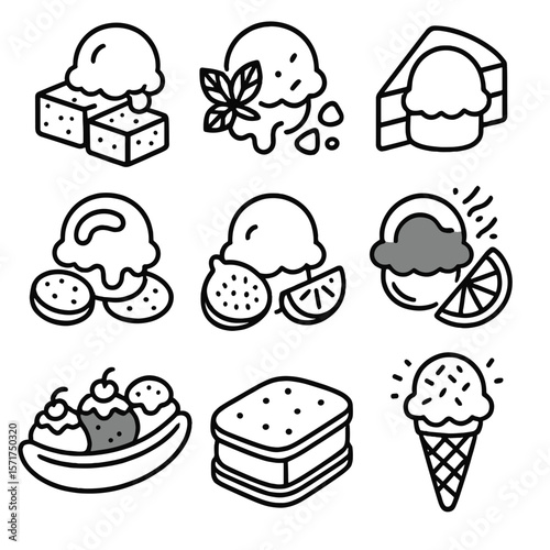 Ice Cream Pairings Icons. Outline style icons of Ice Cream Pairings: vanilla ice cream with brownies, mint ice cream and chocolate