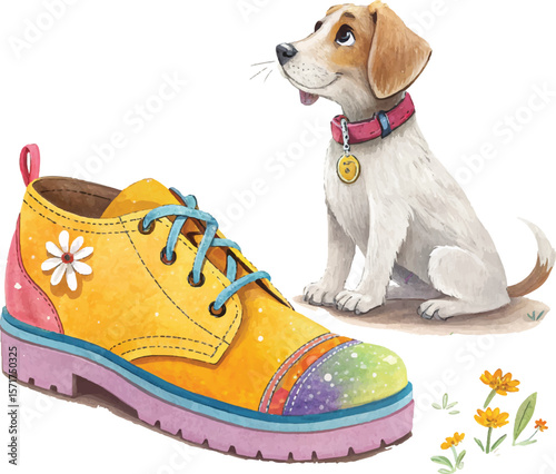 Cute Cartoon Dog and Colorful Boot