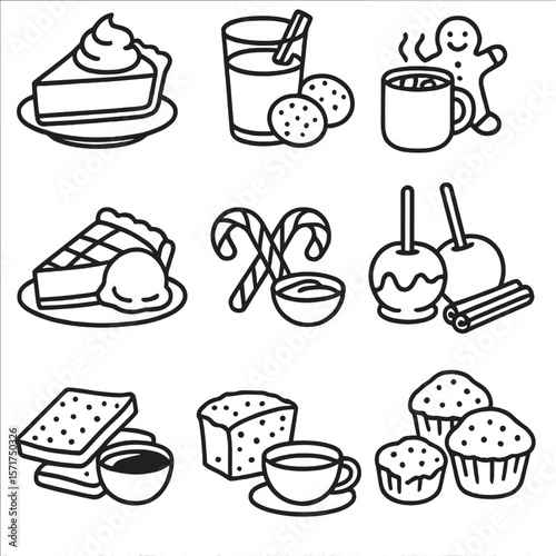 Seasonal Treats Icons. Outline style icons of Seasonal Pairings: pumpkin pie and whipped cream, eggnog with spice cookies,