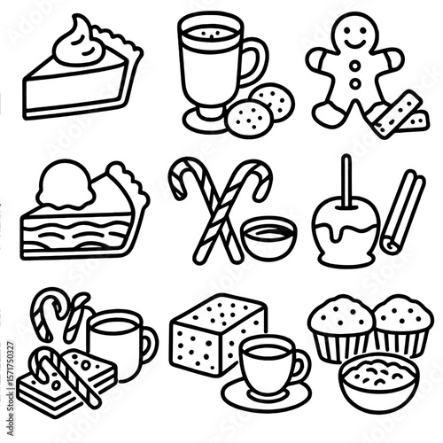 Seasonal Treats Icons. Outline style icons of Seasonal Pairings: pumpkin pie and whipped cream, eggnog with spice cookies,