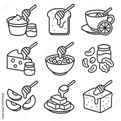 Honey Pairings Icons. Outline style icons of Honey-Based Pairings: honey and yogurt, honey on toast, honey with lemon tea, honey
