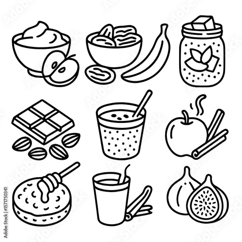 Healthy Snack Pairings. Outline style icons of Healthy Sweet Pairings: Greek yogurt with fruit, nuts and dried dates, oats and