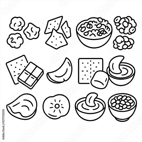 Sweet and Crunchy Icons. Outline style icons of Sweet and Crunchy: caramel popcorn, brittle shards, granola and fruit, nut