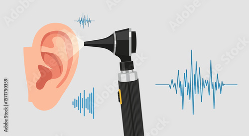 Audiology Hearing Checkup With Otoscope Illustration And Sound Waves Sign