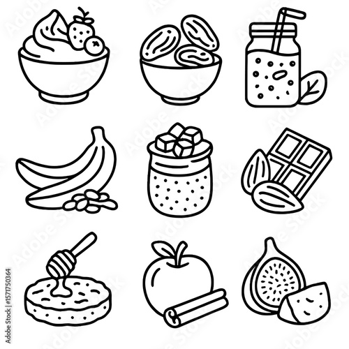 Healthy Snack Pairings. Outline style icons of Healthy Sweet Pairings: Greek yogurt with fruit, nuts and dried dates, oats and
