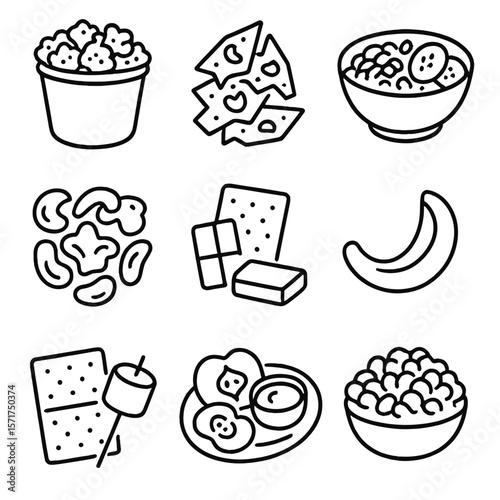 Sweet and Crunchy Icons. Outline style icons of Sweet and Crunchy: caramel popcorn, brittle shards, granola and fruit, nut