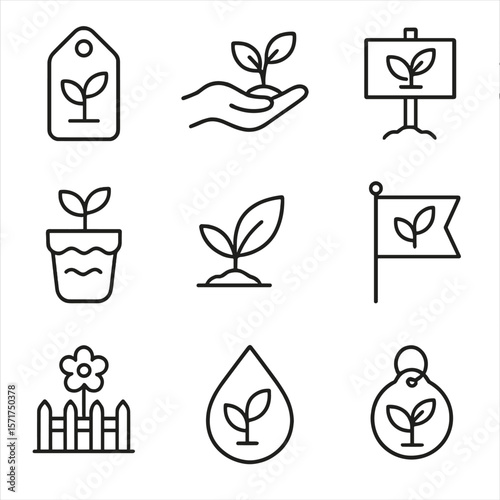 Wetland Conservation Icons. Outline style icons of Wetland Conservation Flora: protected plant tag, replanting hand, species sign