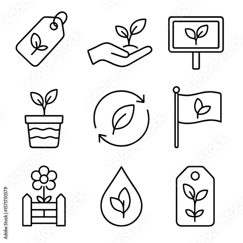 Wetland Conservation Icons. Outline style icons of Wetland Conservation Flora: protected plant tag, replanting hand, species sign