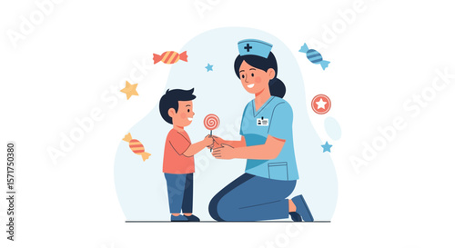 Kind Nurse Gives a Lollipop to a Little Boy in a Friendly Manner