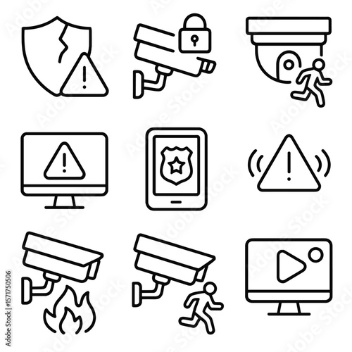 Emergency Surveillance Icons. Outline style icons of Emergency Surveillance Use: security breach icon, lockdown cam, active