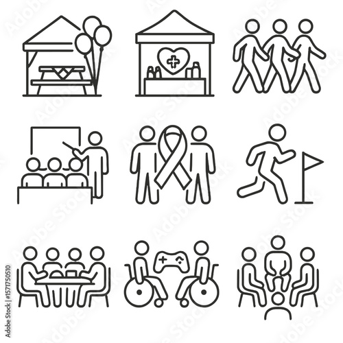 Community Event Icons. Outline style icons of Support Community Events: community picnic, wellness fair booth, group walk event,