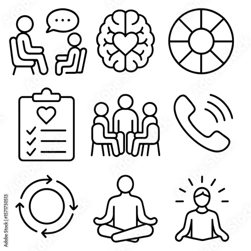 Mental Health Icons. Outline style icons of Mental Health Support: therapist and client, talking with thought cloud, brain with