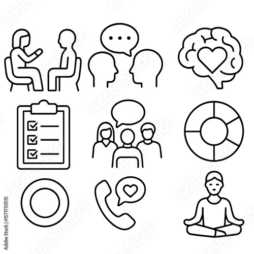Mental Health Icons. Outline style icons of Mental Health Support: therapist and client, talking with thought cloud, brain with