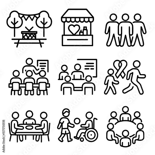 Community Event Icons. Outline style icons of Support Community Events: community picnic, wellness fair booth, group walk event,