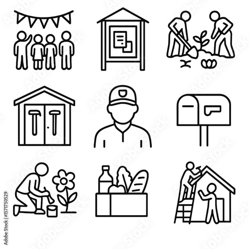 Neighborhood Support Icons. Outline style icons of Neighborhood Support: block party icon, community announcement board, shared
