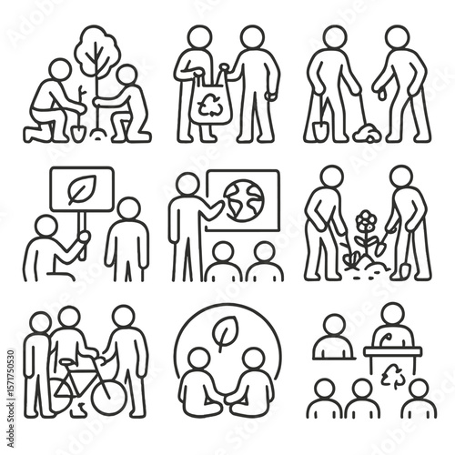 Eco Community Icons. Outline style icons of Environmental Support Communities: tree planting team, recycling project, cleanup day