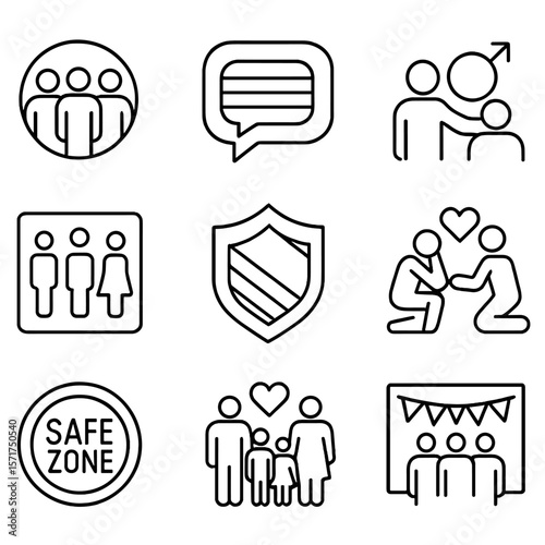 LGBTQ+ Support Icons. Outline style icons of LGBTQ+ Support: pride group circle, rainbow chat icon, gender support icon, inclusive