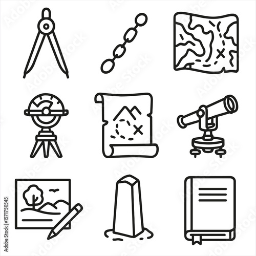 Historical Surveying Icons. Outline style icons of Historical Surveying Methods: old-fashioned compass, chain measurement,