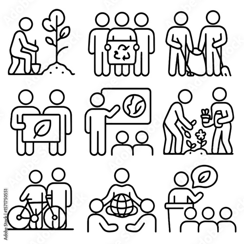 Eco Community Icons. Outline style icons of Environmental Support Communities: tree planting team, recycling project, cleanup day