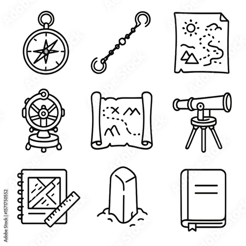 Historical Surveying Icons. Outline style icons of Historical Surveying Methods: old-fashioned compass, chain measurement,