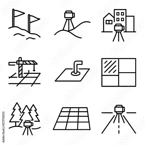 Survey Icons Collection. Outline style icons of Surveying on Site: marked terrain flags, hillside surveying, urban site survey,