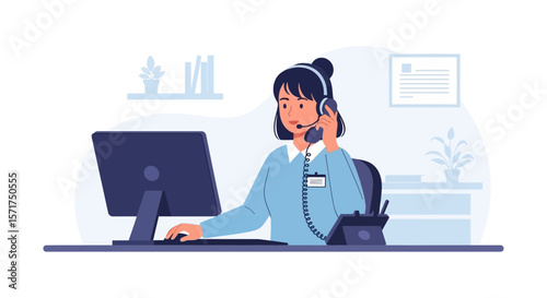 Professional Woman Working In Call Center Answering Customers Questions At Office