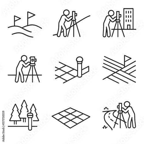 Survey Icons Collection. Outline style icons of Surveying on Site: marked terrain flags, hillside surveying, urban site survey,
