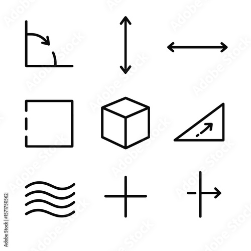 Measurement Icons Set. Outline style icons of Measurement Types: horizontal angle icon, vertical elevation arrow, distance range