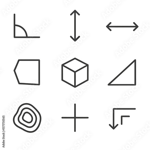 Measurement Icons Set. Outline style icons of Measurement Types: horizontal angle icon, vertical elevation arrow, distance range
