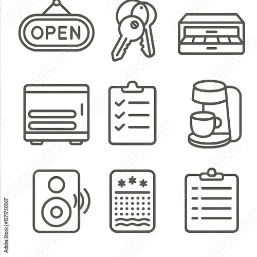 Salon Opening Icons. Line style icons of Salon Opening Checklist: illuminated open sign, key fob set, cash drawer till, towel